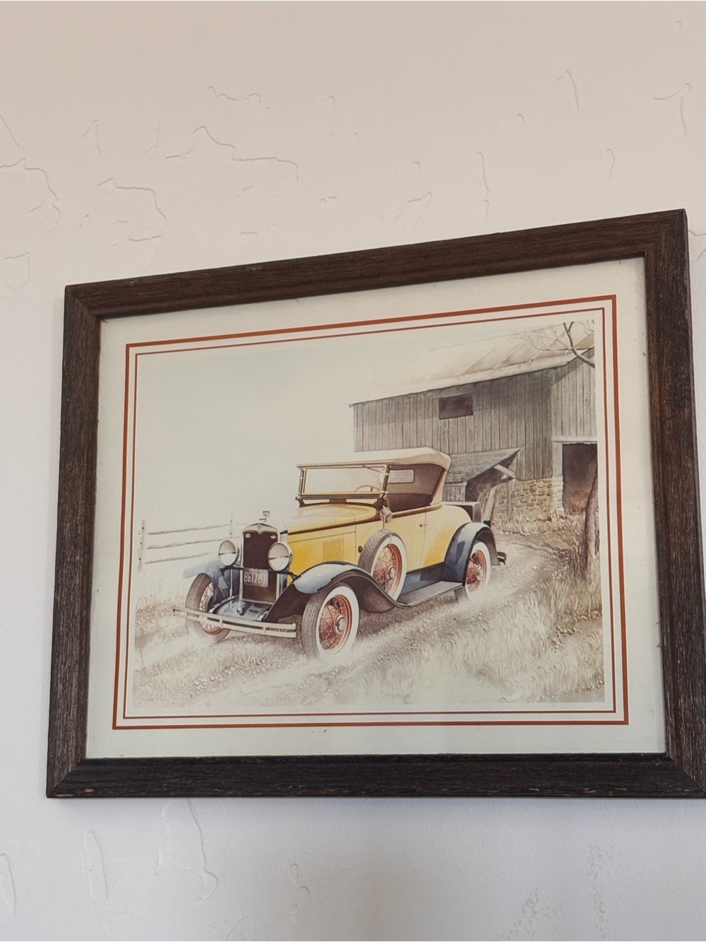 Vintage Yellow Classic Car Print in Wood Frame 9”x11”